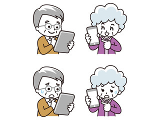 タブレットとスマートフォンを使うシニア男女