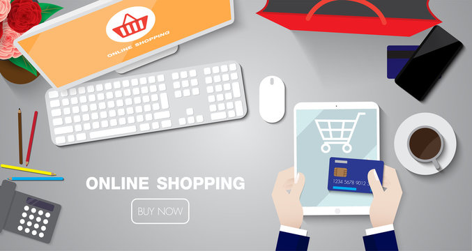 online shopping sale with taplet by credit card on table