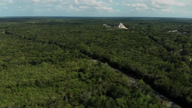 Aerial footage of El Castillo at the Historic site of Chichen Itza in Quintana Roo Mexico.