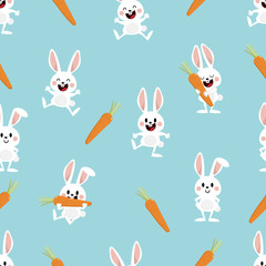 Cute white bunny and carrot seamless pattern. Rabit cartoon character.