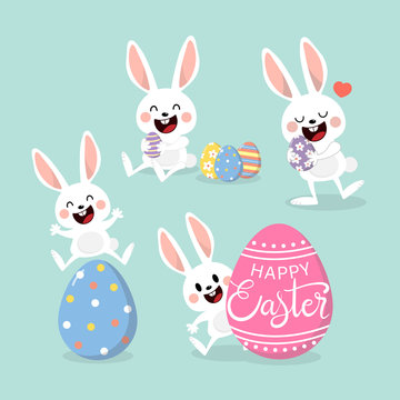 Cute white rabbit and Easter eggs. Animal holidays cartoon vector. Bunny character collection.
