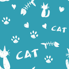 Sketchy Cat Shapes on Teal Background Seamless Pattern © Starsania