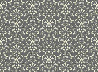 Fototapeta premium Wallpaper in the style of Baroque. Seamless vector background. Grey floral ornament. Graphic pattern for fabric, wallpaper, packaging. Ornate Damask flower ornament