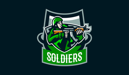 Naklejka premium The emblem of the soldier. Logo of a military man. Military force soldier. Сamouflage, sniper, troops, commando, green, mascot, brave, hero, forces, army, weapon, machine gun. Vector illustration