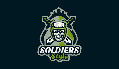 The emblem of the soldier. Logo military skull. Bones and swords. Сommando, green, mascot, brave, hero, honor, rifle, armed, army, dead, force, skeleton, iron, weapon. Vector illustration
