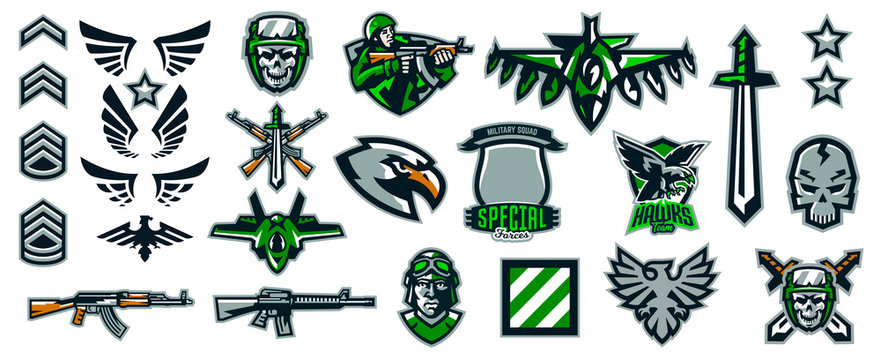 Set of military emblems. Stripes and badges. Military ranks, wings, weapons, soldiers, aircraft, skulls, machine guns, eagle, hawk. Colorful collection, vector illustration