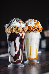 crazy milkshakes with chocolate, caramel and whipped cream