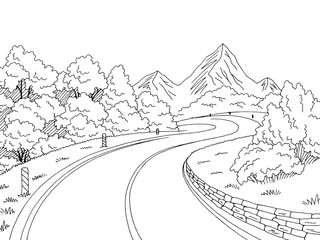Mountain road graphic black white landscape sketch illustration vector