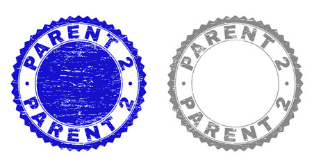 Grunge PARENT 2 stamp seals isolated on a white background. Rosette seals with grunge texture in blue and grey colors. Vector rubber stamp imprint of PARENT 2 caption inside round rosette.