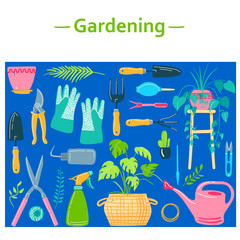 Vector set hand drawn illustrations of gardening and care of house plants. Cute garden tools work hand drawn elements. Spring time