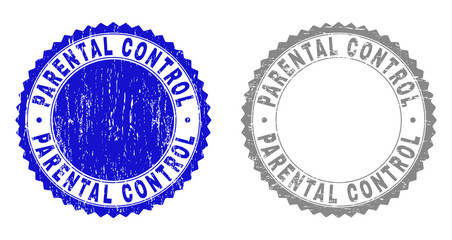 Obraz premium Grunge PARENTAL CONTROL stamp seals isolated on a white background. Rosette seals with grunge texture in blue and gray colors. Vector rubber stamp imprint of PARENTAL CONTROL tag inside round rosette.