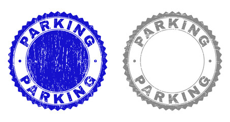 Grunge PARKING stamp seals isolated on a white background. Rosette seals with grunge texture in blue and grey colors. Vector rubber stamp imprint of PARKING tag inside round rosette.