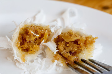 Boiled dessert, delicious Thai dessert in white dish (Thai called kanom Tom)