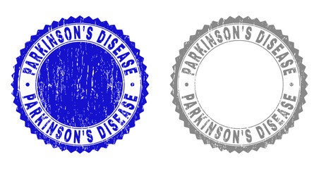 Grunge PARKINSON'S DISEASE stamp seals isolated on a white background. Rosette seals with distress texture in blue and grey colors.