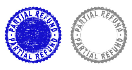 Grunge PARTIAL REFUND stamp seals isolated on a white background. Rosette seals with grunge texture in blue and grey colors. Vector rubber stamp imprint of PARTIAL REFUND tag inside round rosette.