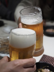 食事の席でビールのグラスで乾杯する2人