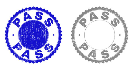 Grunge PASS stamp seals isolated on a white background. Rosette seals with grunge texture in blue and grey colors. Vector rubber stamp imprint of PASS tag inside round rosette.