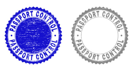 Obraz premium Grunge PASSPORT CONTROL stamp seals isolated on a white background. Rosette seals with grunge texture in blue and grey colors.