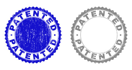 Grunge PATENTED stamp seals isolated on a white background. Rosette seals with distress texture in blue and gray colors. Vector rubber watermark of PATENTED text inside round rosette.