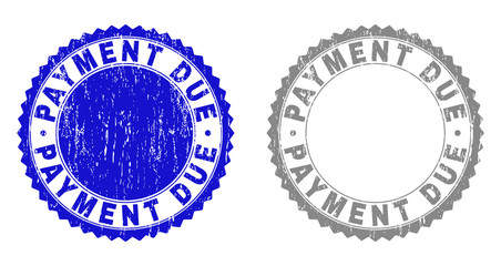 Grunge PAYMENT DUE stamp seals isolated on a white background. Rosette seals with distress texture in blue and grey colors. Vector rubber stamp imprint of PAYMENT DUE label inside round rosette.