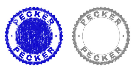 Grunge PECKER stamp seals isolated on a white background. Rosette seals with grunge texture in blue and gray colors. Vector rubber overlay of PECKER text inside round rosette.