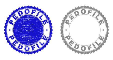 Grunge PEDOFILE stamp seals isolated on a white background. Rosette seals with distress texture in blue and grey colors. Vector rubber stamp imprint of PEDOFILE tag inside round rosette.