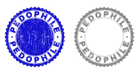 Fototapeta na wymiar Grunge PEDOPHILE stamp seals isolated on a white background. Rosette seals with grunge texture in blue and gray colors. Vector rubber stamp imitation of PEDOPHILE text inside round rosette.