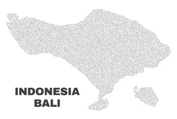 Bali map designed with little dots. Vector abstraction in black color is isolated on a white background. Scattered little items are organized into Bali map.