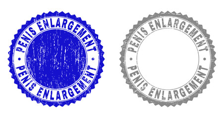 Grunge PENIS ENLARGEMENT stamps isolated on a white background. Rosette seals with grunge texture in blue and grey colors.