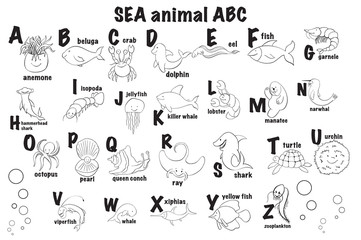 Zoo alphabet. Animal alphabet. Letters from A to Z. Cartoon cute animals isolated on white background.