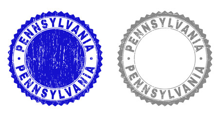 Grunge PENNSYLVANIA stamp seals isolated on a white background. Rosette seals with grunge texture in blue and gray colors. Vector rubber overlay of PENNSYLVANIA title inside round rosette.