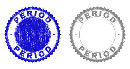 Grunge PERIOD stamp seals isolated on a white background. Rosette seals with grunge texture in blue and grey colors. Vector rubber overlay of PERIOD caption inside round rosette.