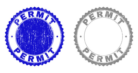 Grunge PERMIT stamp seals isolated on a white background. Rosette seals with grunge texture in blue and gray colors. Vector rubber watermark of PERMIT title inside round rosette.
