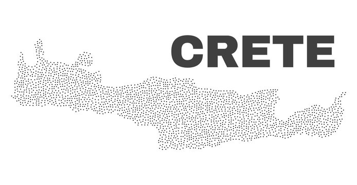 Crete map designed with tiny dots. Vector abstraction in black color is isolated on a white background. Random tiny dots are organized into Crete map. Dotted abstract design for patriotic posters.