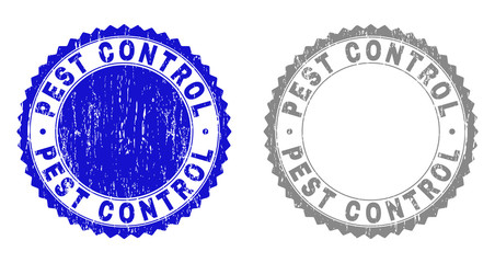 Grunge PEST CONTROL stamp seals isolated on a white background. Rosette seals with grunge texture in blue and gray colors. Vector rubber stamp imitation of PEST CONTROL text inside round rosette.