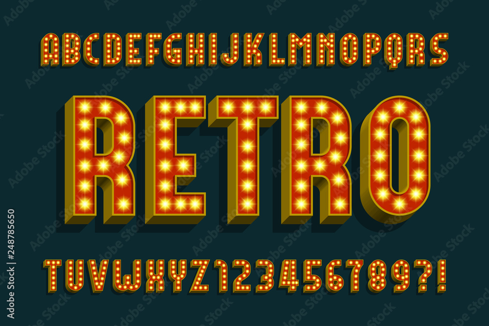 Poster retro light bulb alphabet vector font. 3d shiny letters with light bulbs and shadows. vector typescr