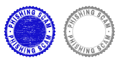 Grunge PHISHING SCAM stamp seals isolated on a white background. Rosette seals with grunge texture in blue and gray colors. Vector rubber stamp imprint of PHISHING SCAM tag inside round rosette.
