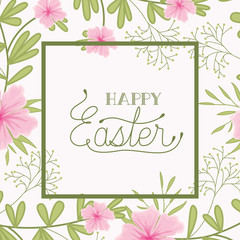 happy easter frame with handmade font and flowers