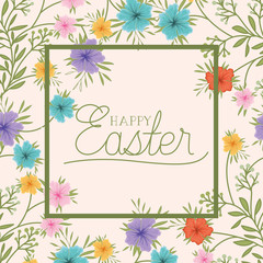 happy easter frame with handmade font and flowers