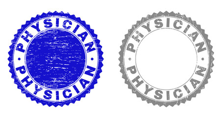 Grunge PHYSICIAN stamp seals isolated on a white background. Rosette seals with grunge texture in blue and grey colors. Vector rubber stamp imitation of PHYSICIAN caption inside round rosette.