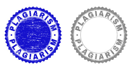 Obraz premium Grunge PLAGIARISM watermarks isolated on a white background. Rosette seals with grunge texture in blue and gray colors. Vector rubber stamp imprint of PLAGIARISM label inside round rosette.