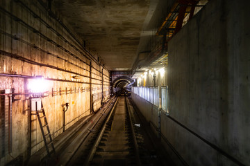 Subway tunnel  when the train stop at station.