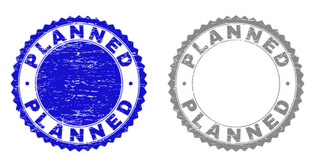 Grunge PLANNED stamp seals isolated on a white background. Rosette seals with grunge texture in blue and gray colors. Vector rubber stamp imprint of PLANNED label inside round rosette.