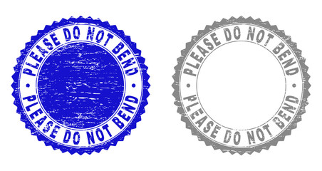 Grunge PLEASE DO NOT BEND stamp seals isolated on a white background. Rosette seals with distress texture in blue and gray colors.