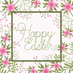 happy easter frame with handmade font and flowers