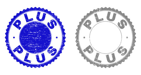 Grunge PLUS stamp seals isolated on a white background. Rosette seals with grunge texture in blue and grey colors. Vector rubber stamp imprint of PLUS label inside round rosette.