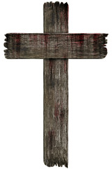 Bloody background scary old grunge wooden cemetery cross isolated on white background, concept of...
