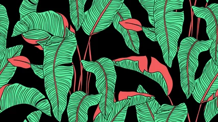 Behangcirkel Tropical plants seamless pattern, Bird of paradise on black background © momosama