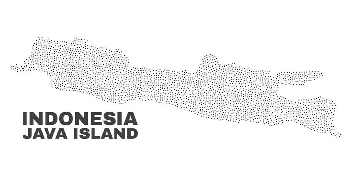 Java Island map designed with little dots. Vector abstraction in black color is isolated on a white background. Scattered little dots are organized into Java Island map.