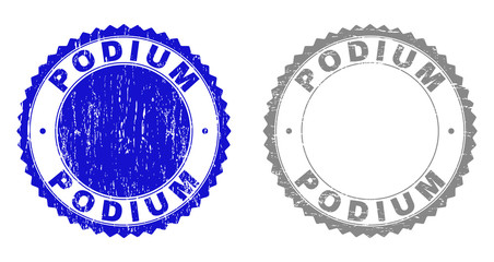 Grunge PODIUM stamp seals isolated on a white background. Rosette seals with grunge texture in blue and grey colors. Vector rubber stamp imprint of PODIUM title inside round rosette.